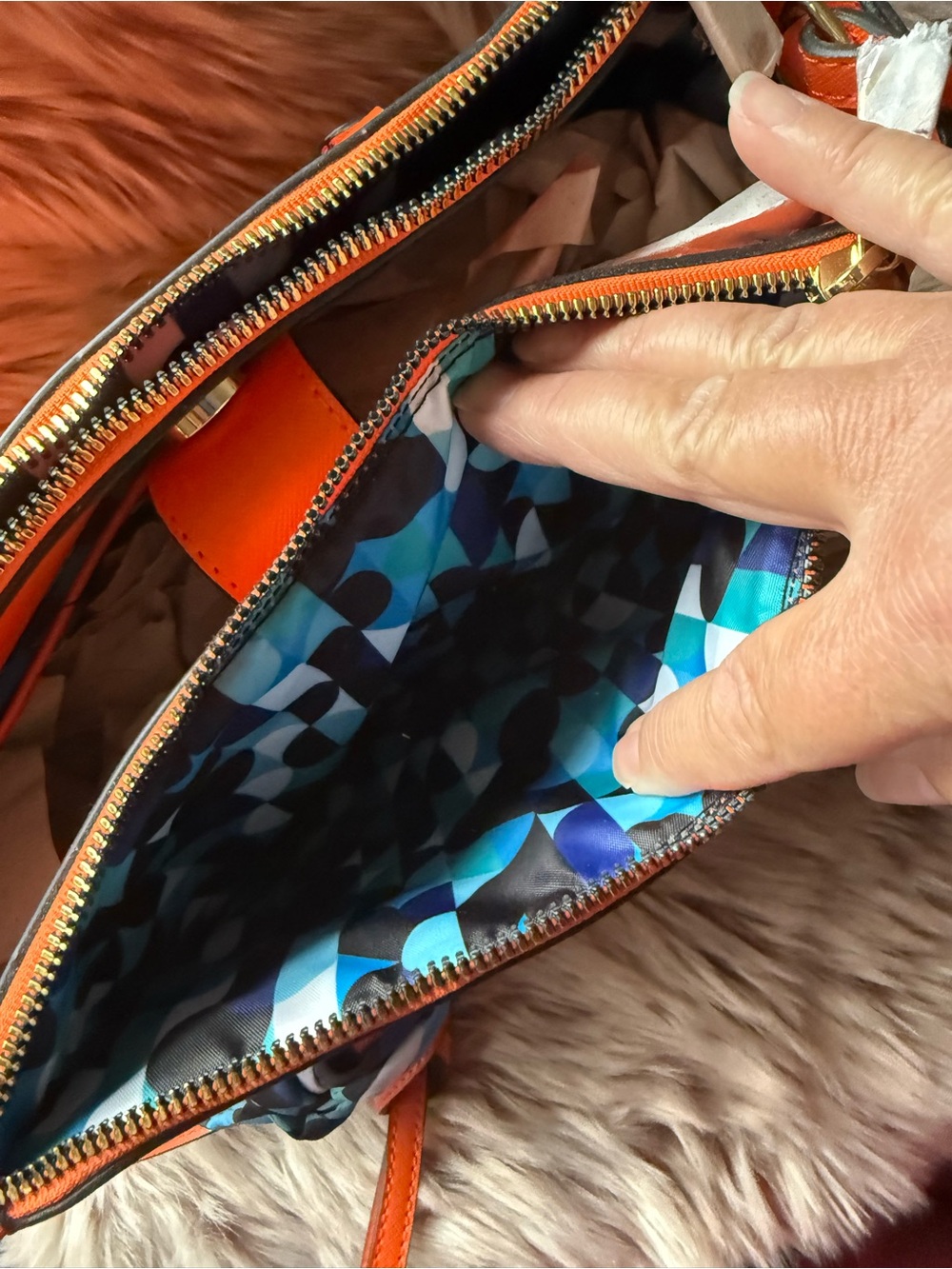 Trina Turk Orange Handbag with Blue Scarf and Interior and Gold Accents - Picture 3 of 11